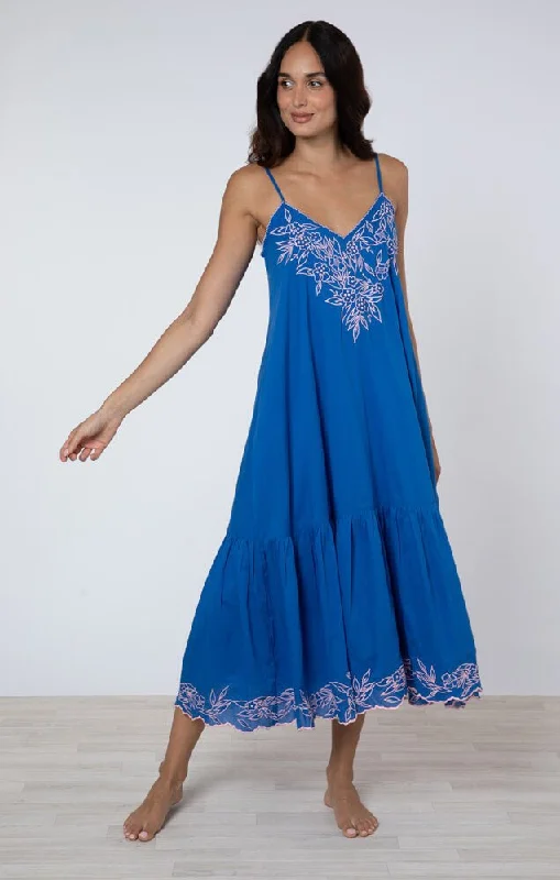 Exclusive Savings V-Neck Midi Dress W.Floral Embroidery Royal Blue/Candy