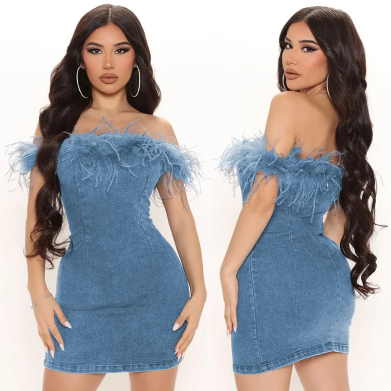 Deal Zone One-Shoulder Denim Fringe Hem Dress
