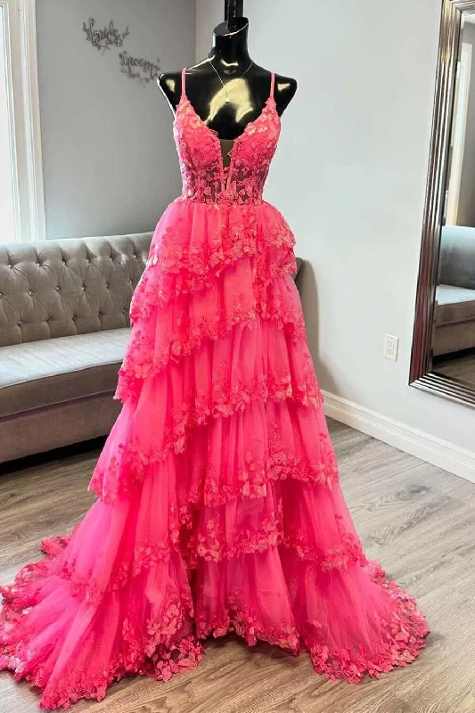 Final Sale Hot Pink Spaghetti Straps V-Neck Tiered A-Line Long Prom Dress with Appliques Final Sale Hot Pink Spaghetti Straps V-Neck Tiered A-Line Long Prom Dress with Appliques