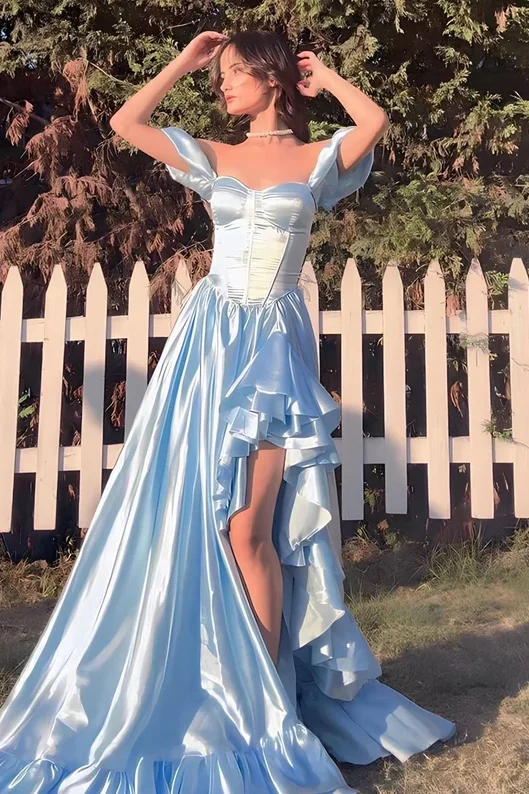 Shop and Save Classy Blue A-Line Empire-Waist Satin Ruffles Formal Prom Dress with Slit