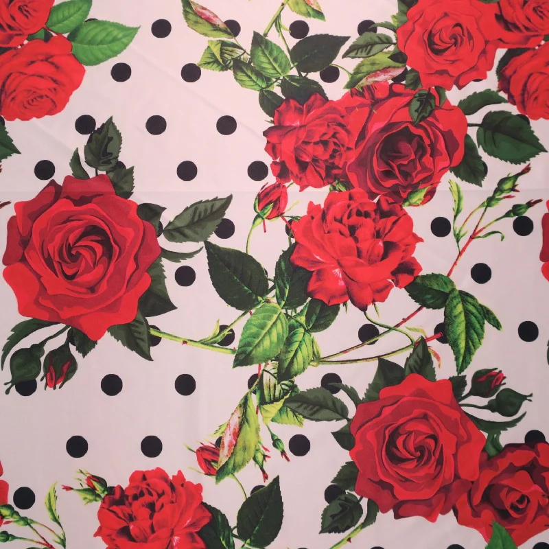 Daily Deals Dots and Red Roses on White Printed Polyester Mikado Fabric
