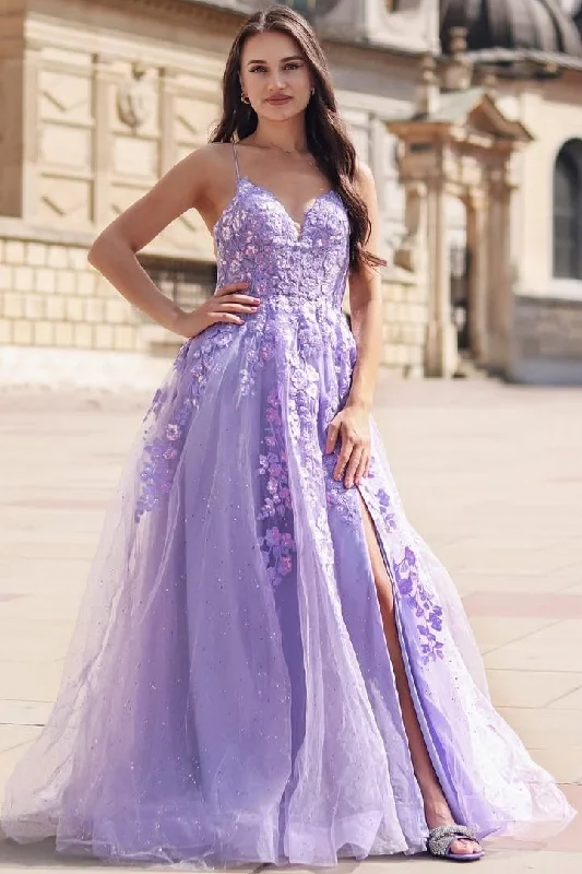Exclusive Offers Lilac Spaghetti Straps V-Neck Lace Appliques Tulle Prom Dress with Slit Exclusive Offers Lilac Spaghetti Straps V-Neck Lace Appliques Tulle Prom Dress with Slit