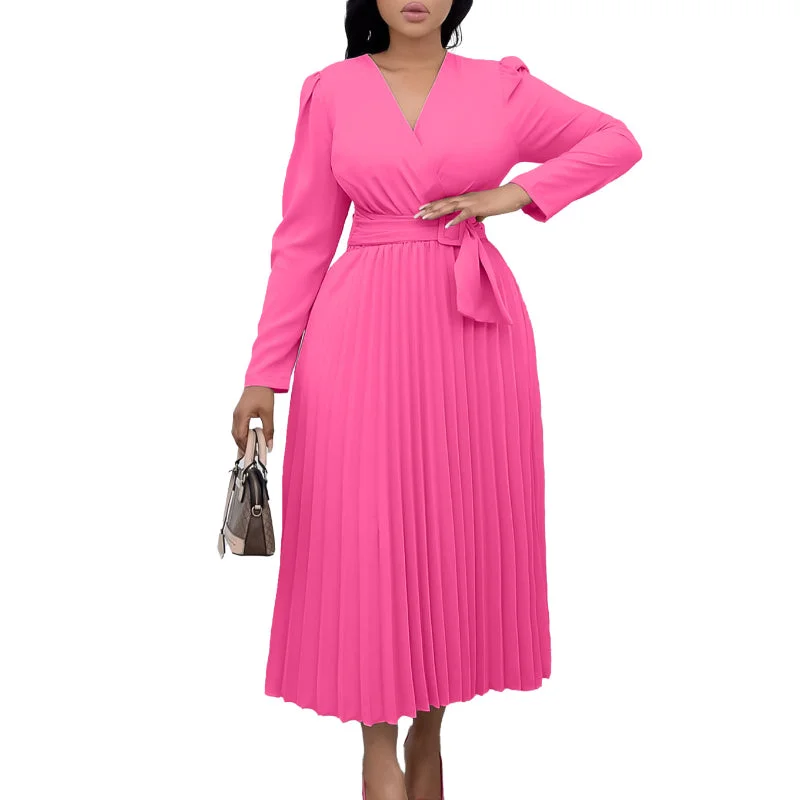 Great Deals Long Sleeve Pleated Monochrome Sheath Dress