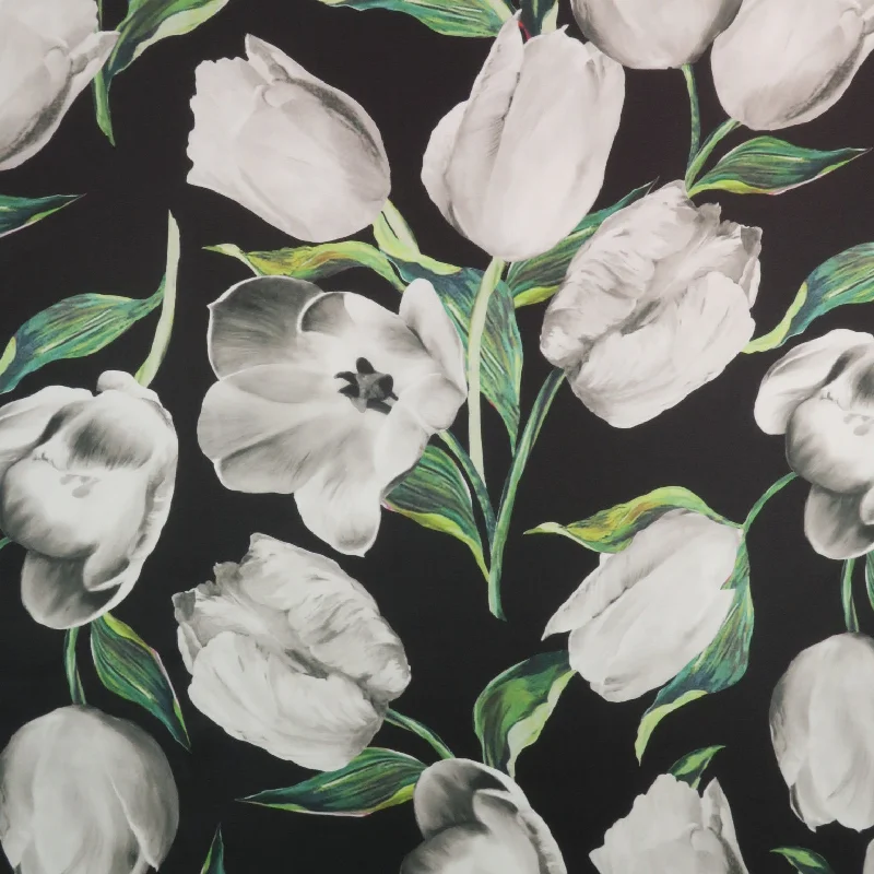 Exclusive Offers White Floral on Black Background Printed Polyester Mikado Fabric