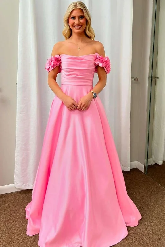 Exclusive Offers Pink A-Line Off-Shoulder Empire-Waist Pleated Satin Formal Prom Dress Exclusive Offers Pink A-Line Off-Shoulder Empire-Waist Pleated Satin Formal Prom Dress