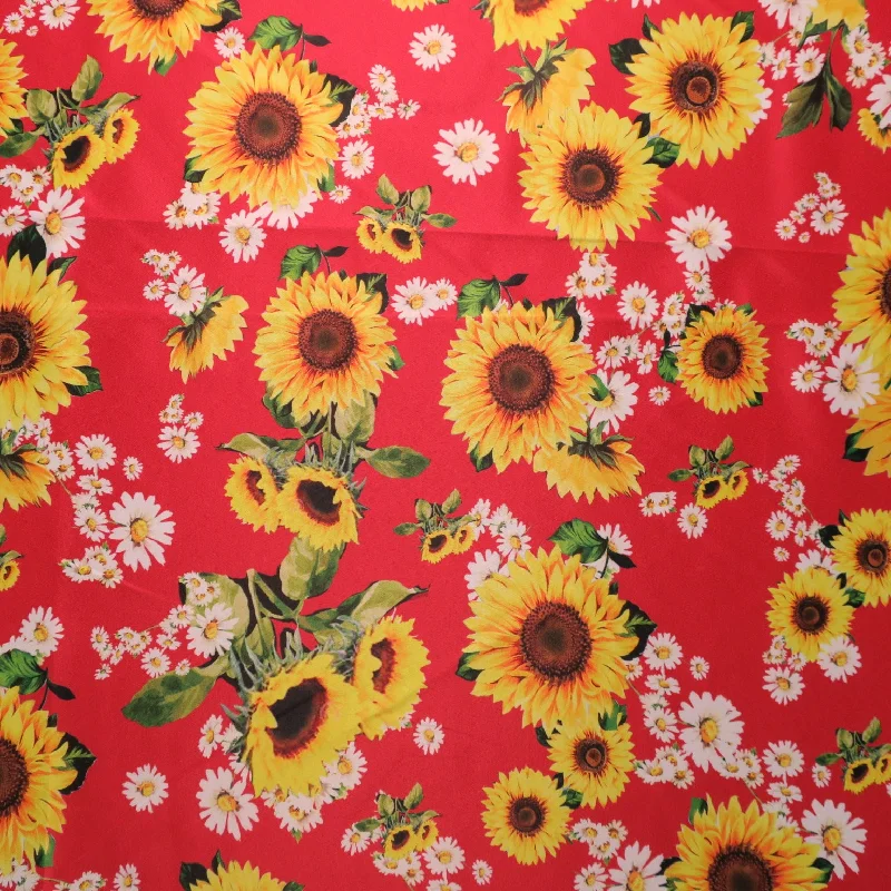 Lowest Price Sunflowers on Red Printed Polyester Mikado Fabric