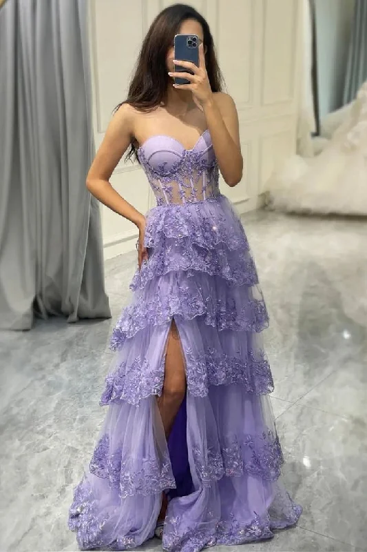 Bonus Savings A-Line Strapless Appliques Sweetheart Layered Prom Dress with Slit