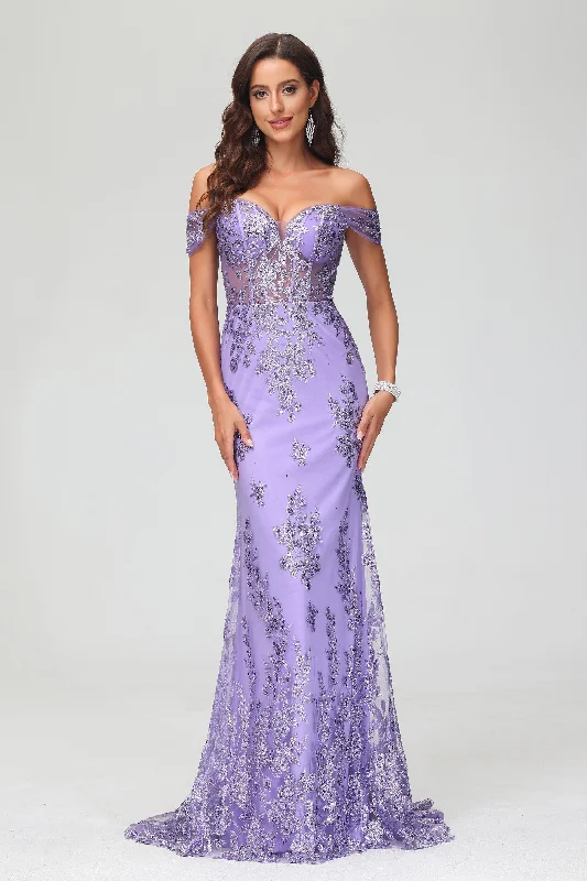 Exclusive Offers Mermaid Off Shoulder Lace Applique Sweep Train Dress