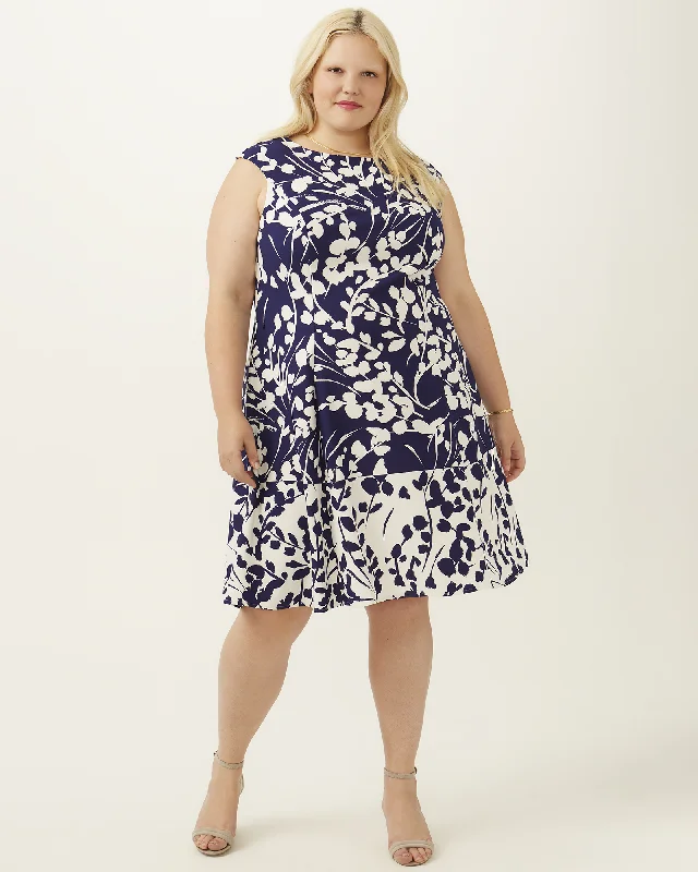 Price Reduction Ava Floral Print Fit and Flare Dress | Navy / White