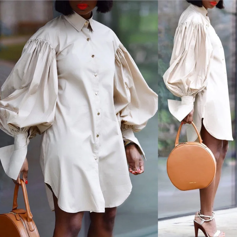Blowout Sale Bubble Sleeve Solid Color Casual Shirt Dress
