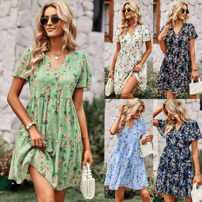 Super Savings V-Neck Printed Countryside Fashion Dress