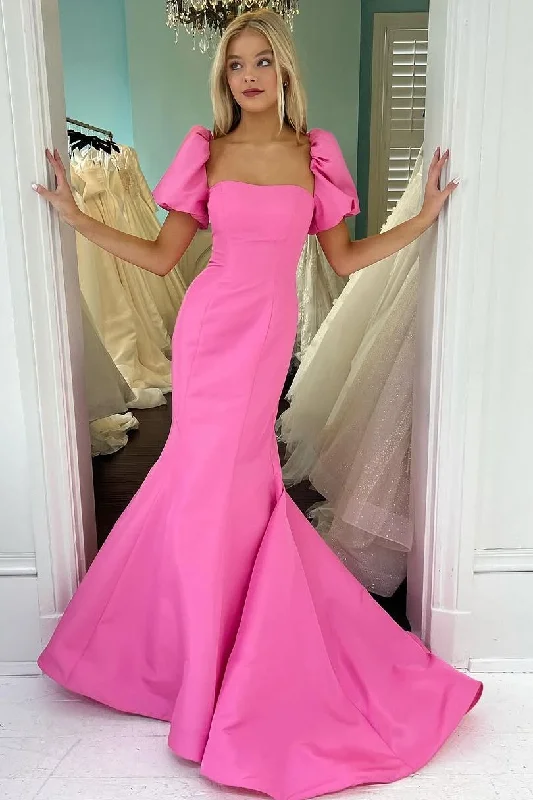 Crazy Deals Pink Mermaid Short Sleeves Satin Long Formal Prom Dress