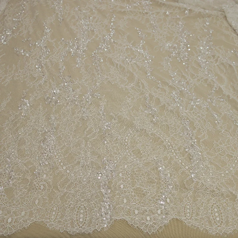 Price Drop Off White Floral Embroidered Beaded Double-Scalloped Lace