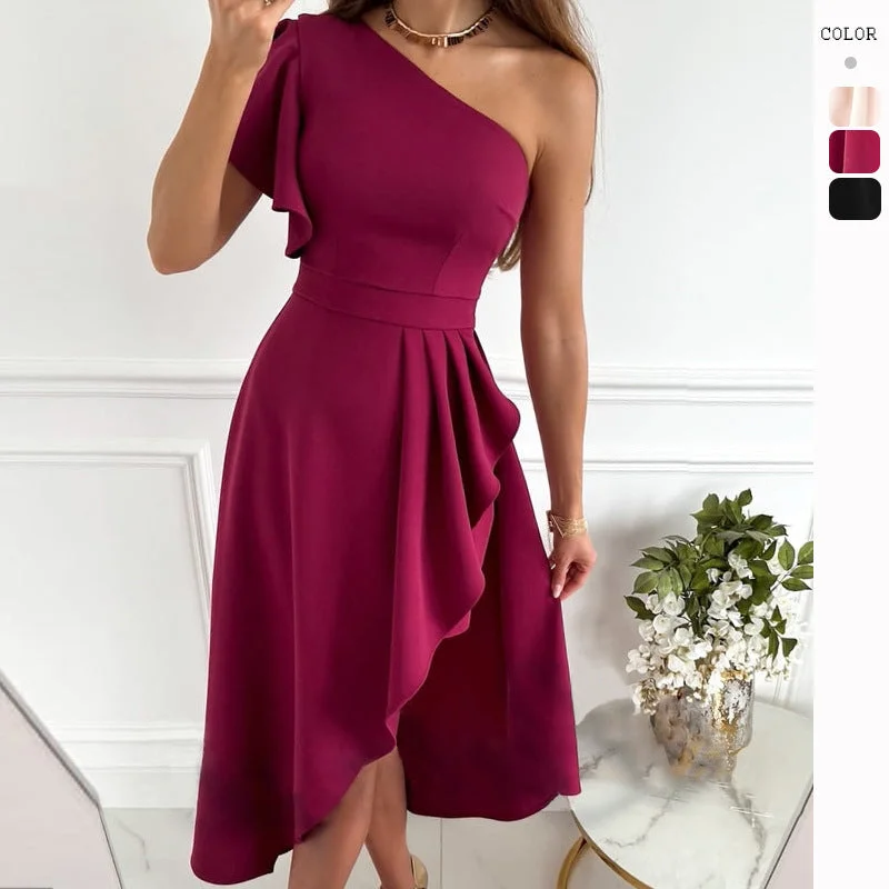 Fantastic Deals Solid Color Asymmetric Off-Shoulder Slim Fit Mid-Length Dress