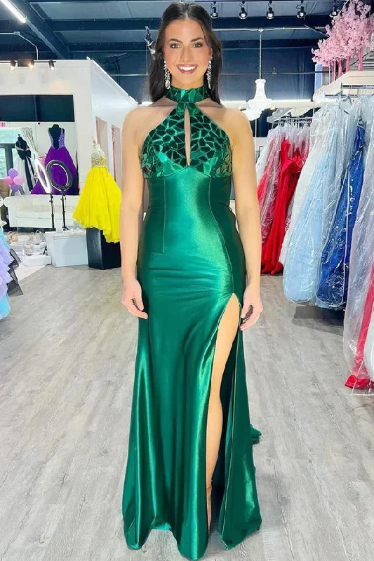 Limited Time Discount Green High Neck Mirror-Cut Sequins Mermaid Prom Dress with Slit Limited Time Discount Green High Neck Mirror-Cut Sequins Mermaid Prom Dress with Slit