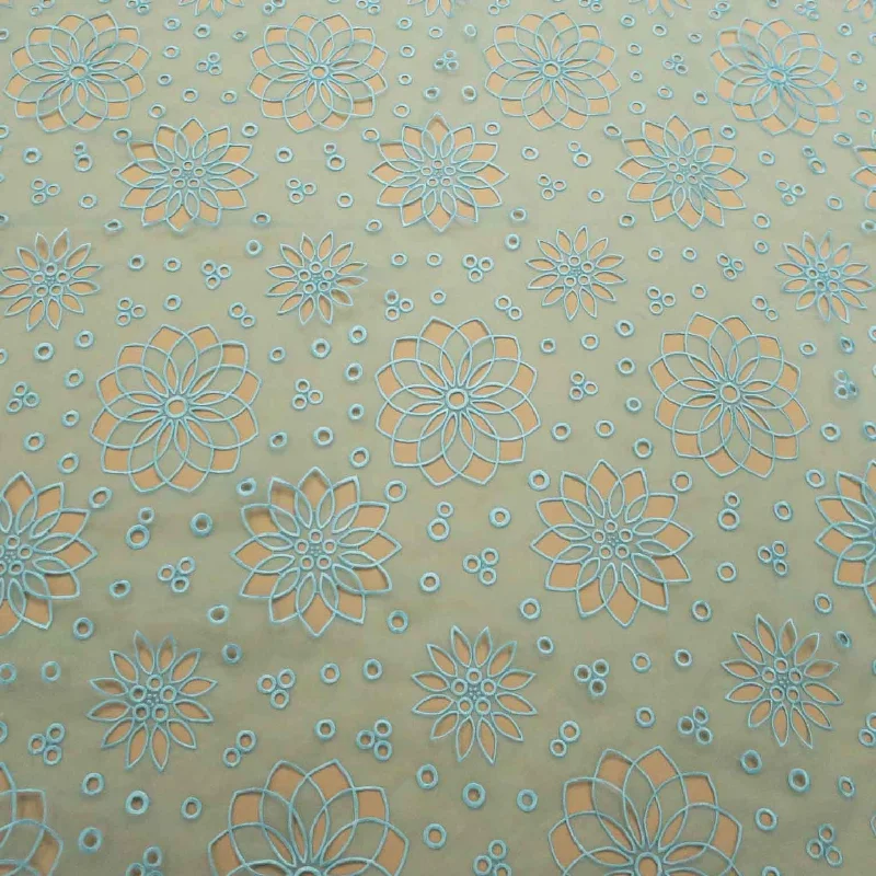Price Cut Sky Blue Floral and Circles Embroidered Organza Fabric