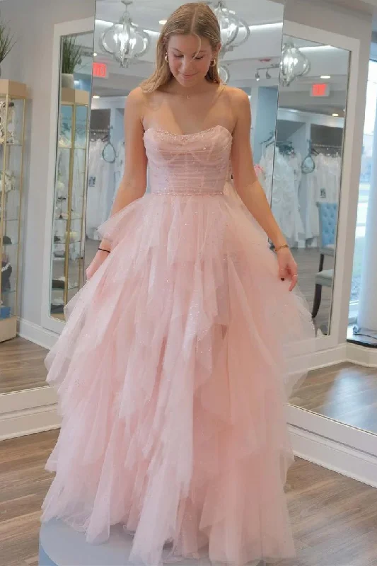 Closeout Pink A-Line Strapless Ruffles Tulle Sleeveless Long Formal Prom Dress