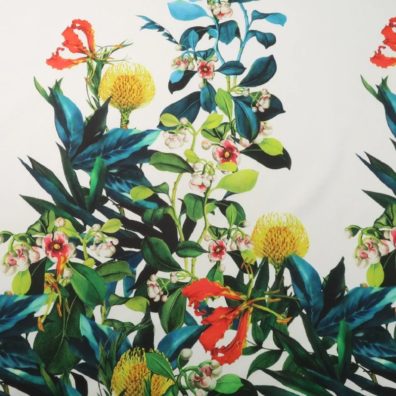 Year-End Sale Multicolored Leaves on White Printed Polyester Mikado Fabric