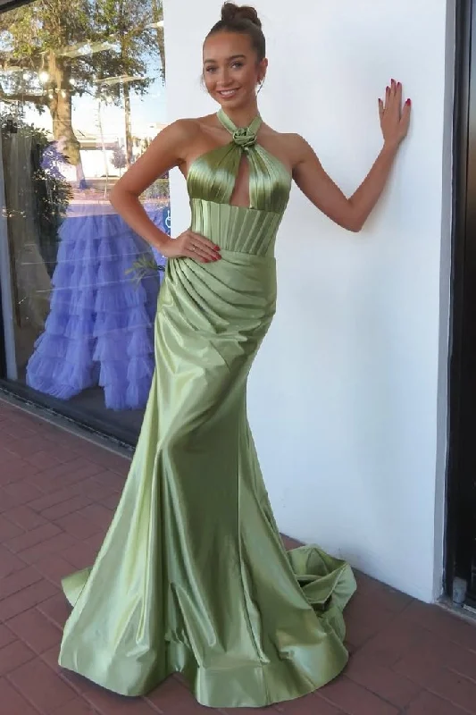 Today’s Deal Halter Mermaid Satin Pleated Sleeveless Long Formal Prom Dress