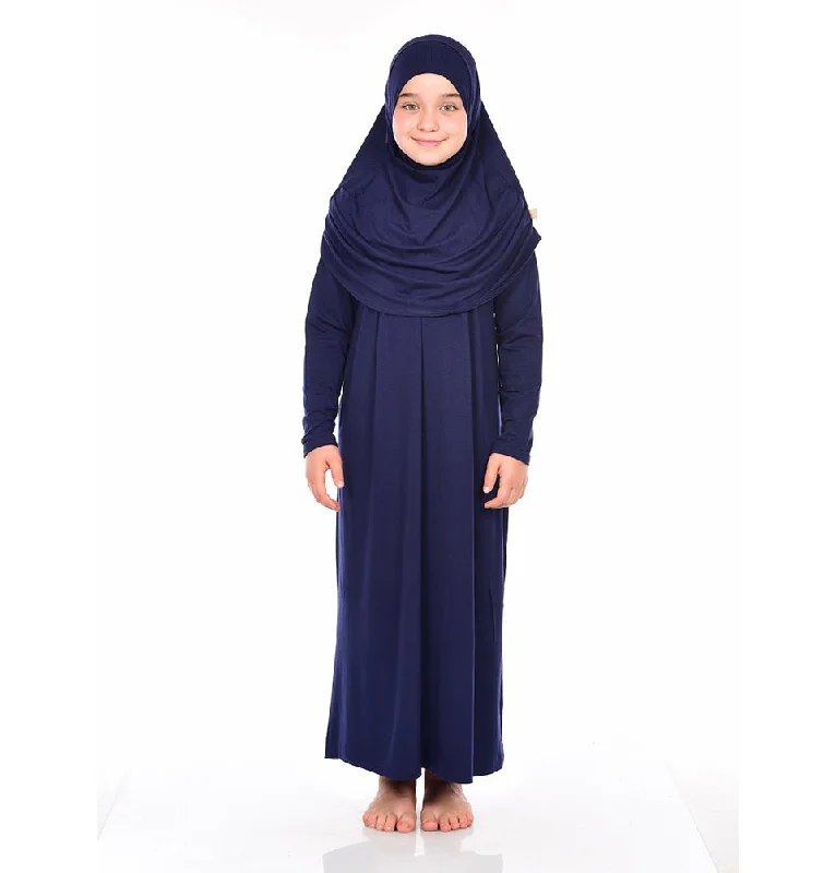 Final Clearance Modest Muslim Girl’s Practical One Piece Prayer Dress - Navy Blue