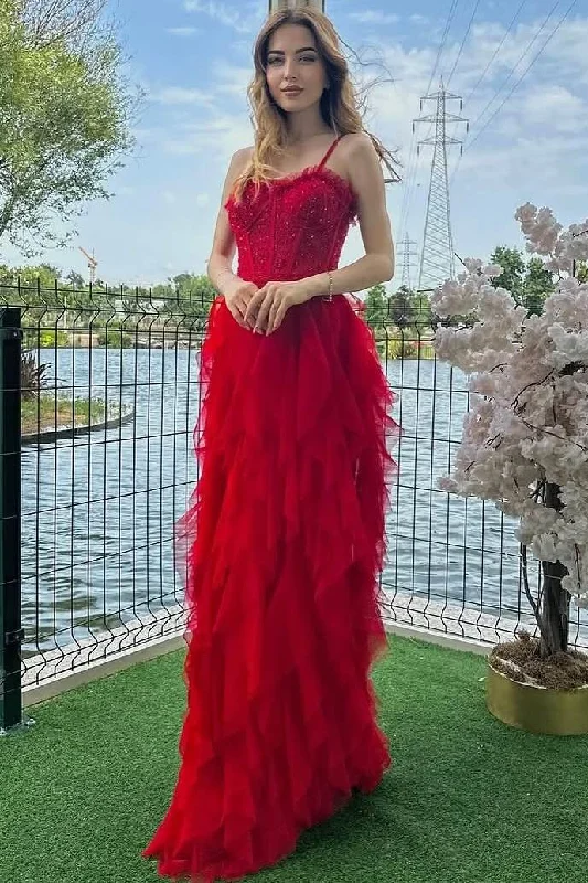Bonus Savings Spaghetti Straps Ruffles Tulle Empire-Waist Sleeveless Formal Prom Dress
