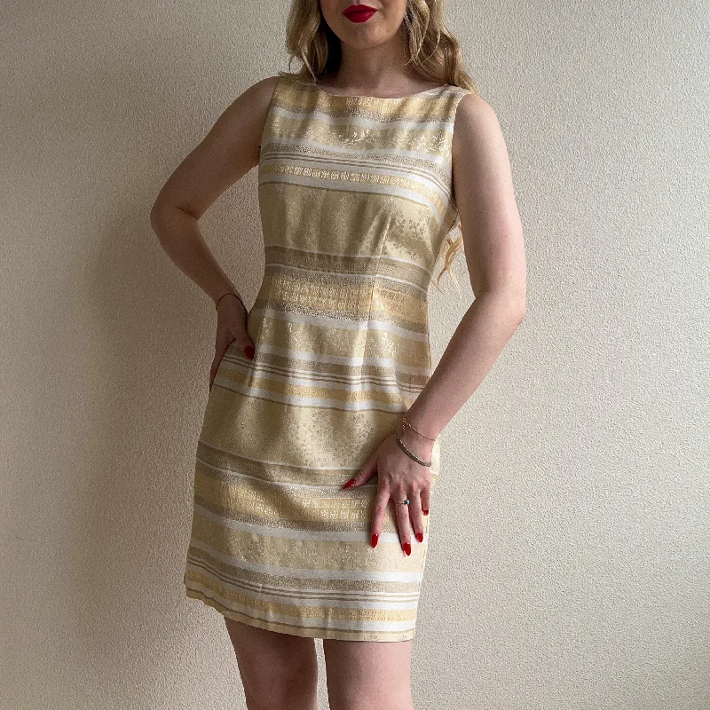 Quick Sale 1990s Ivory and Taupe Striped Pattern Dress (M/L)