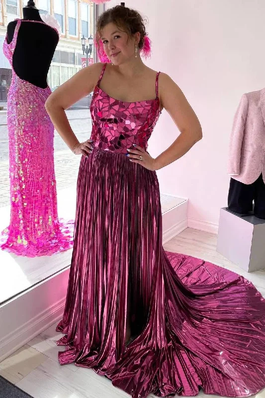 Take Advantage Spaghetti Straps Mirror-Cut Sequins Pleated Metallic Long Prom Dress Take Advantage Spaghetti Straps Mirror-Cut Sequins Pleated Metallic Long Prom Dress