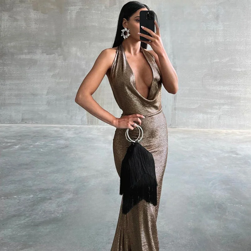 Holiday Sale Sexy Backless Pleated Halter Maxi Dress