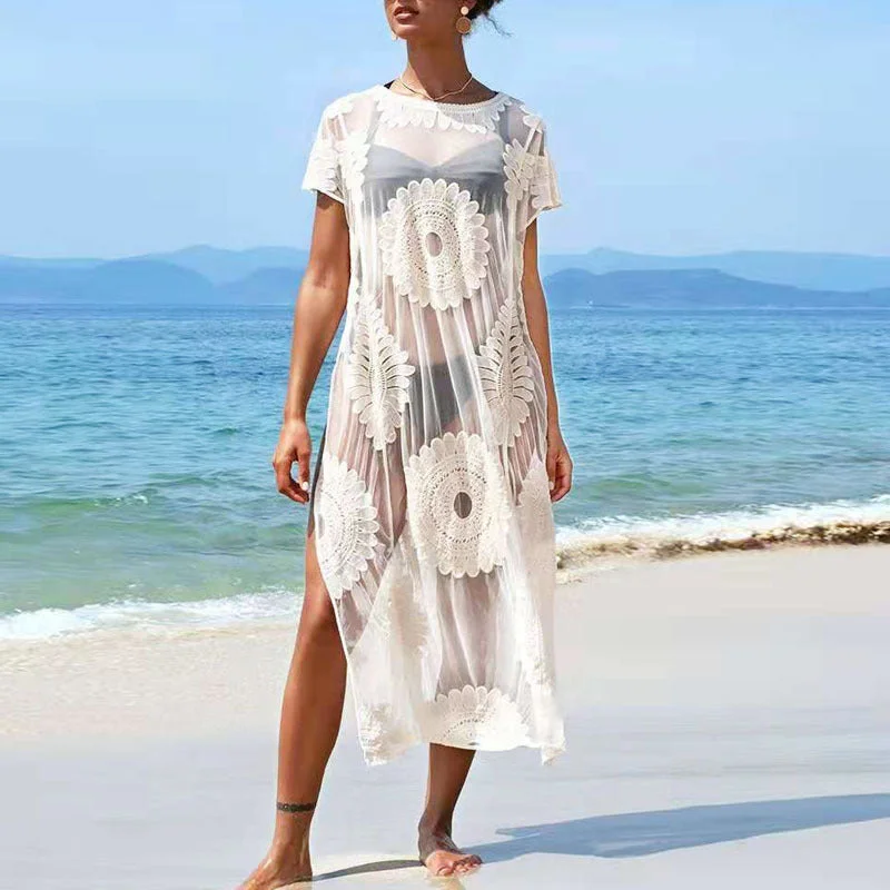 Deep Discounts Sunflower Embroidered High-Slit Short-Sleeve Sun Protection Maxi Dress