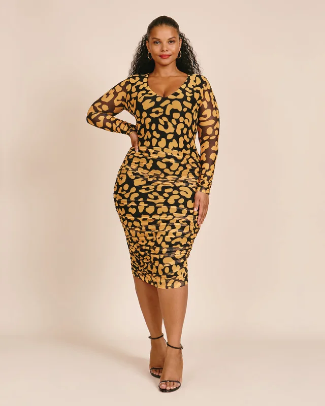 Big Savings Iris Mesh Ruched Bodycon Dress | Yellow