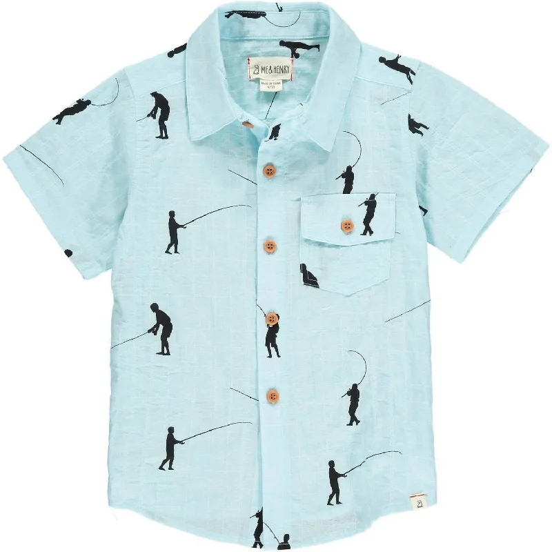 Final Markdown Boys Aloha Woven Button Down Shirt In Blue Fisherman