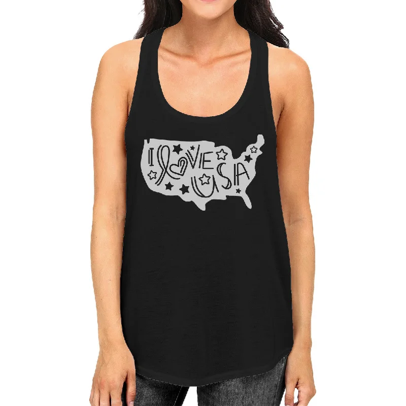 Online Only I Love USA Map Womens Black Tank Top Cute Letter Printing Design