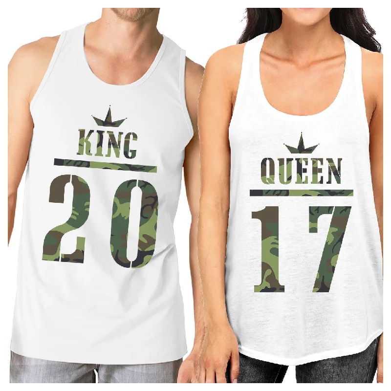 Steals and Deals King And Queen Military Pattern Custom Matching Couple White Tank Tops