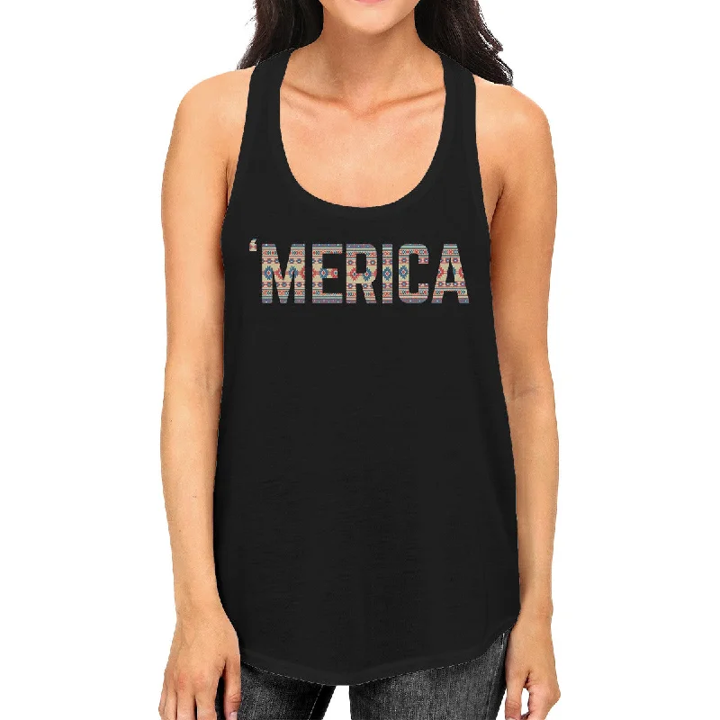 Final Sale 'Merica Women Black Sleeveless Tee America Tribal Pattern Lettering