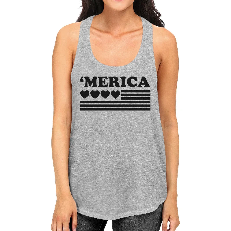 Take Advantage 'Merica Womens Black Heart American Flag Design Grey Racerback Tank