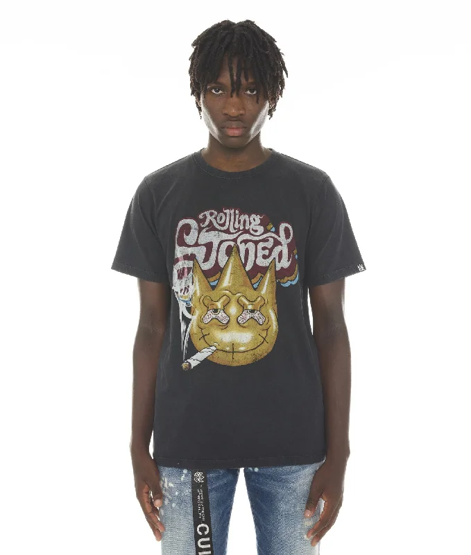 Fantastic Offers SHORT SLEEVE CREW NECK TEE "ROLLING STONED" IN BLACK/AC DC WASH