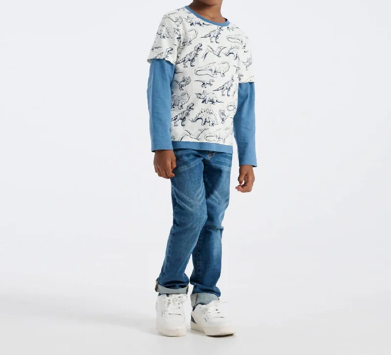 Now or Never Sketchy Dino Fooler Tee In Off-White/blue
