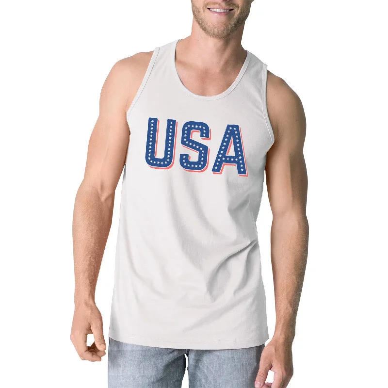 Price Reduction USA With Stars Mens White Graphic Tank Top Cute 4th Of July Tanks