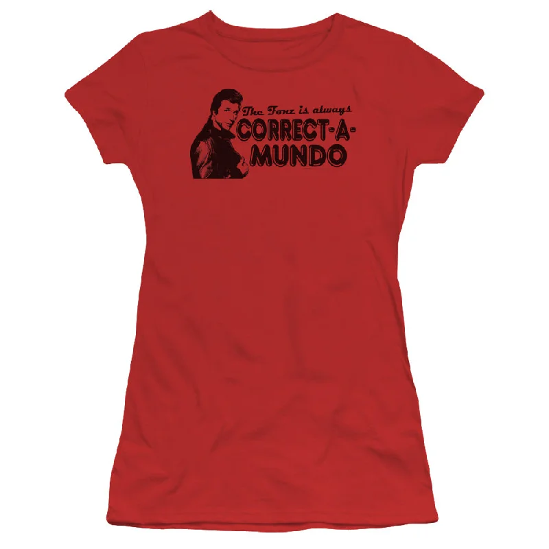 Deep Discounts Happy Days Juniors T-Shirt Correct a Mundo Red Tee