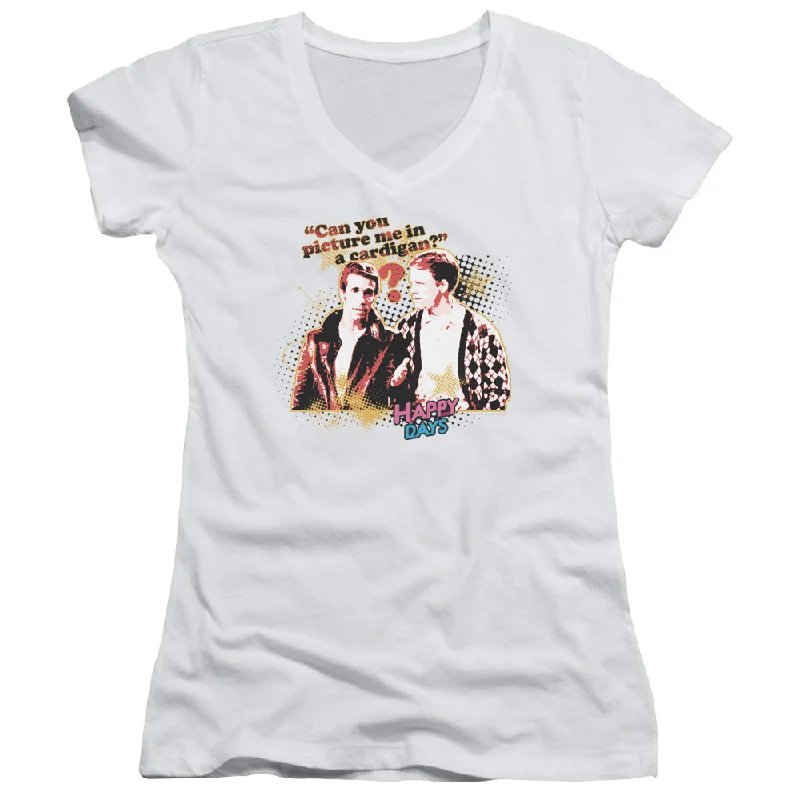 Midnight Sale Happy Days Juniors V-Neck T-Shirt Picture Me in a Cardigan White Tee