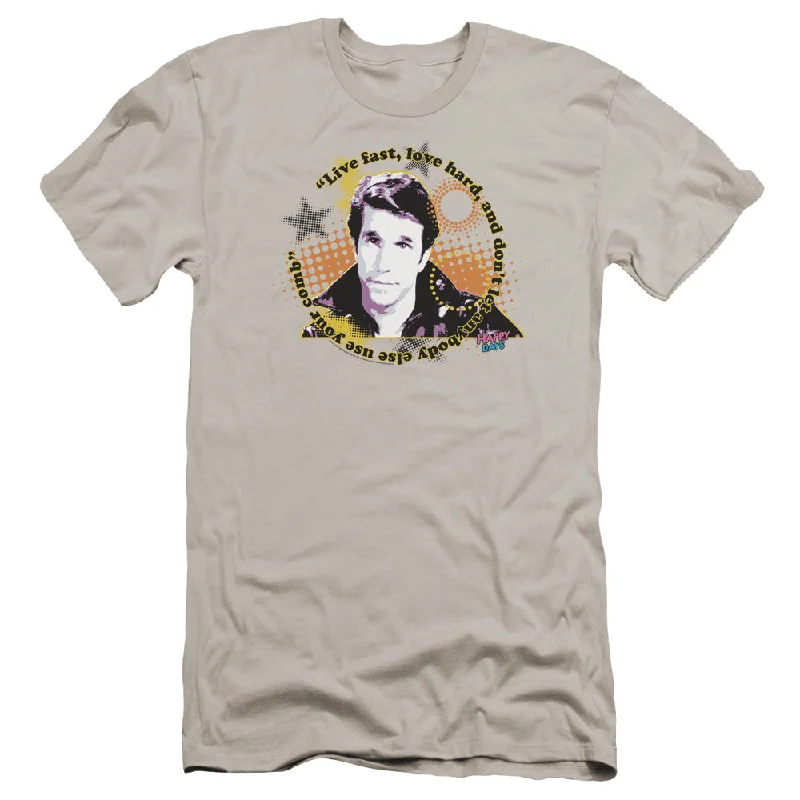 Closeout Happy Days Premium Canvas T-Shirt Fonzie Live Fast Love Hard Silver