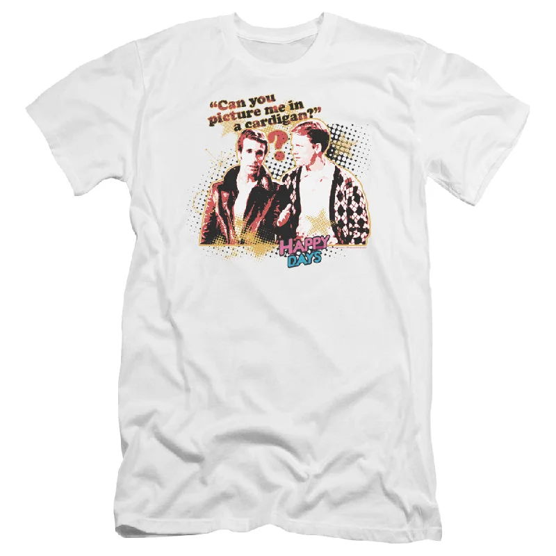 Special Promotion Happy Days Premium Canvas T-Shirt Picture Me in a Cardigan White Tee