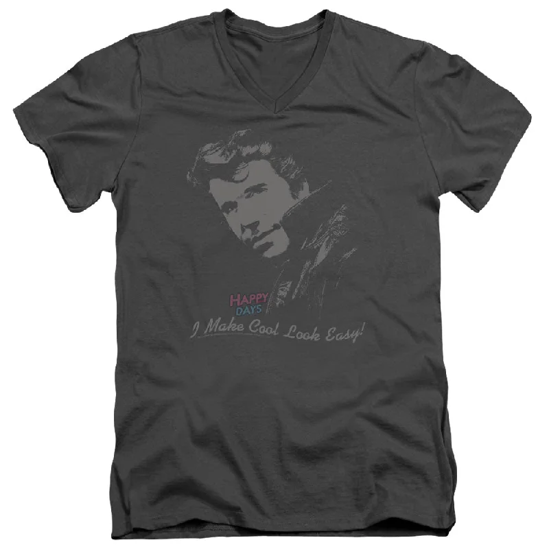 Price Buster Happy Days Slim Fit V-Neck T-Shirt Cool Fonz Charcoal Tee