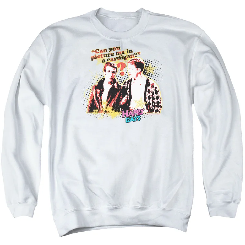 Doorbuster Deal Happy Days Sweatshirt Picture Me in a Cardigan White Pullover