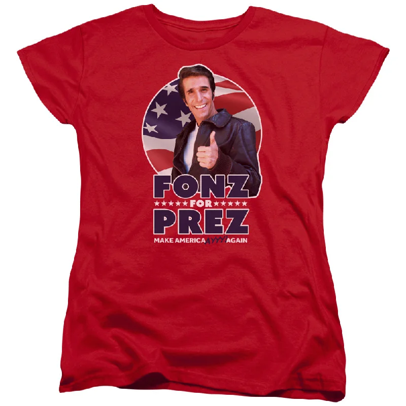 Price Cut Happy Days Womens T-Shirt Fonz For President Red Tee