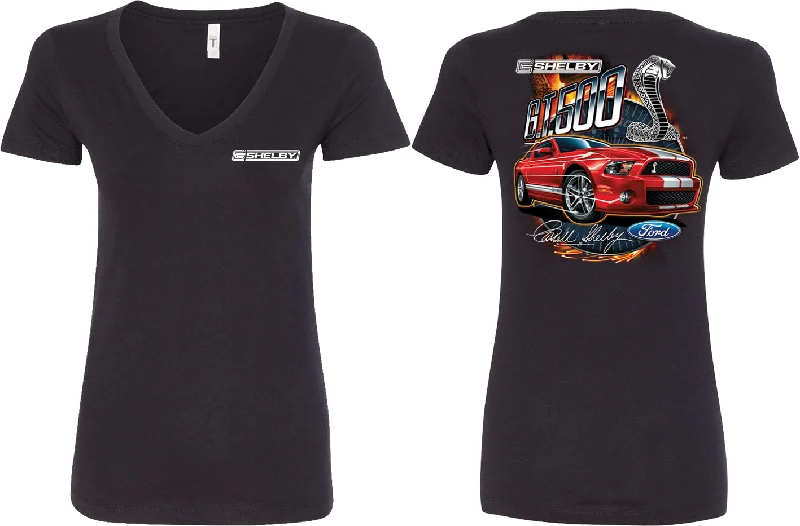 Mega Sale Ladies Ford Mustang V-Neck Shirt Red Shelby GT500 Front and Back