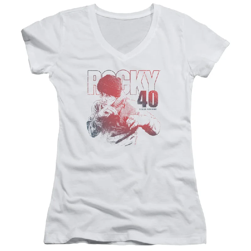 Markdown Madness Rocky Juniors V-Neck T-Shirt 40 Years Strong White Tee