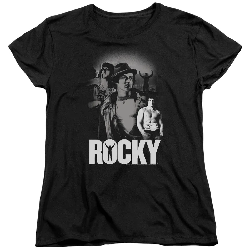 Deal Frenzy Rocky Womens T-Shirt Champion Collage Black Tee