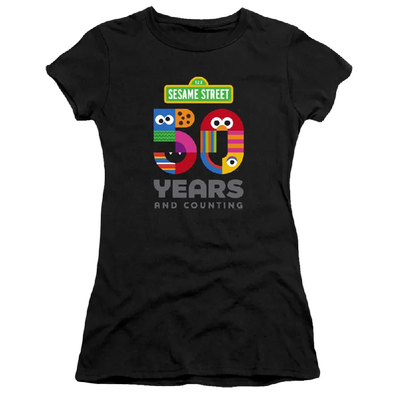 Savings Galore Sesame Street Juniors T-Shirt 50th Anniversary Logo Black Premium Tee