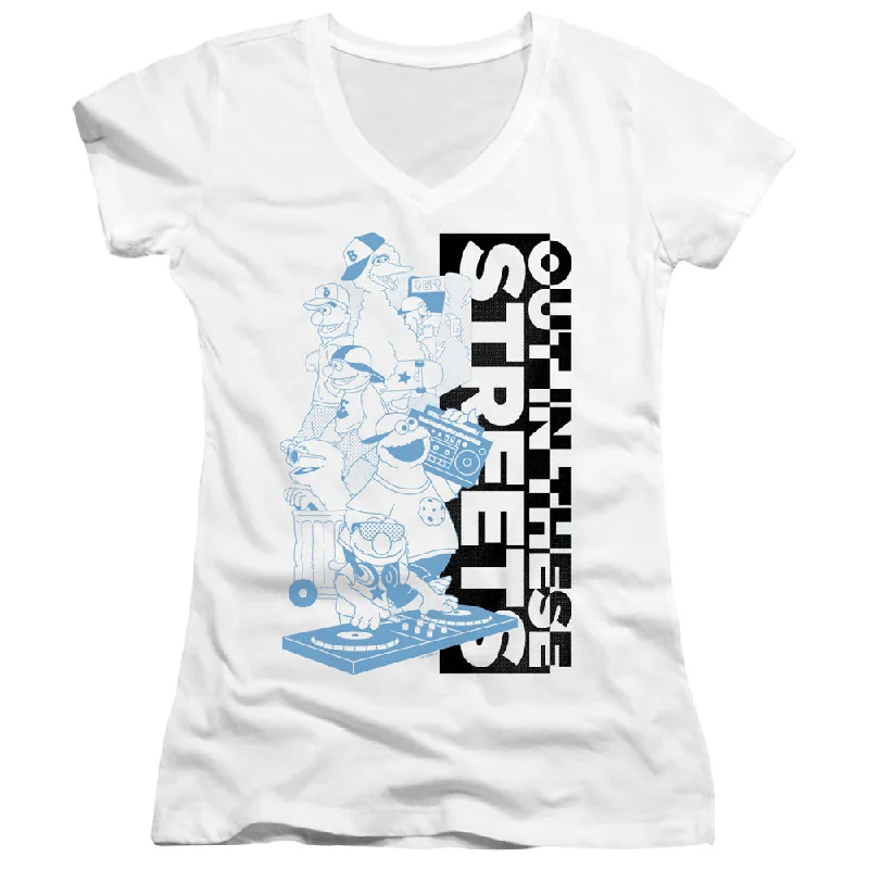 Huge Discounts Sesame Street Juniors V-Neck T-Shirt Out in These Streets White Tee